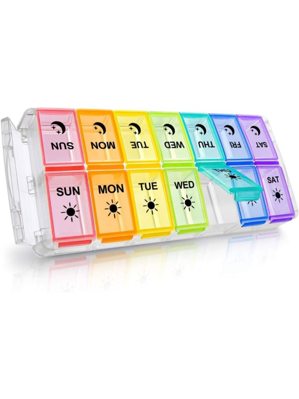 Weekly Pill Organizer AM PM - Large 7 Day Medicine Case, Quick Fill, Rainbow
